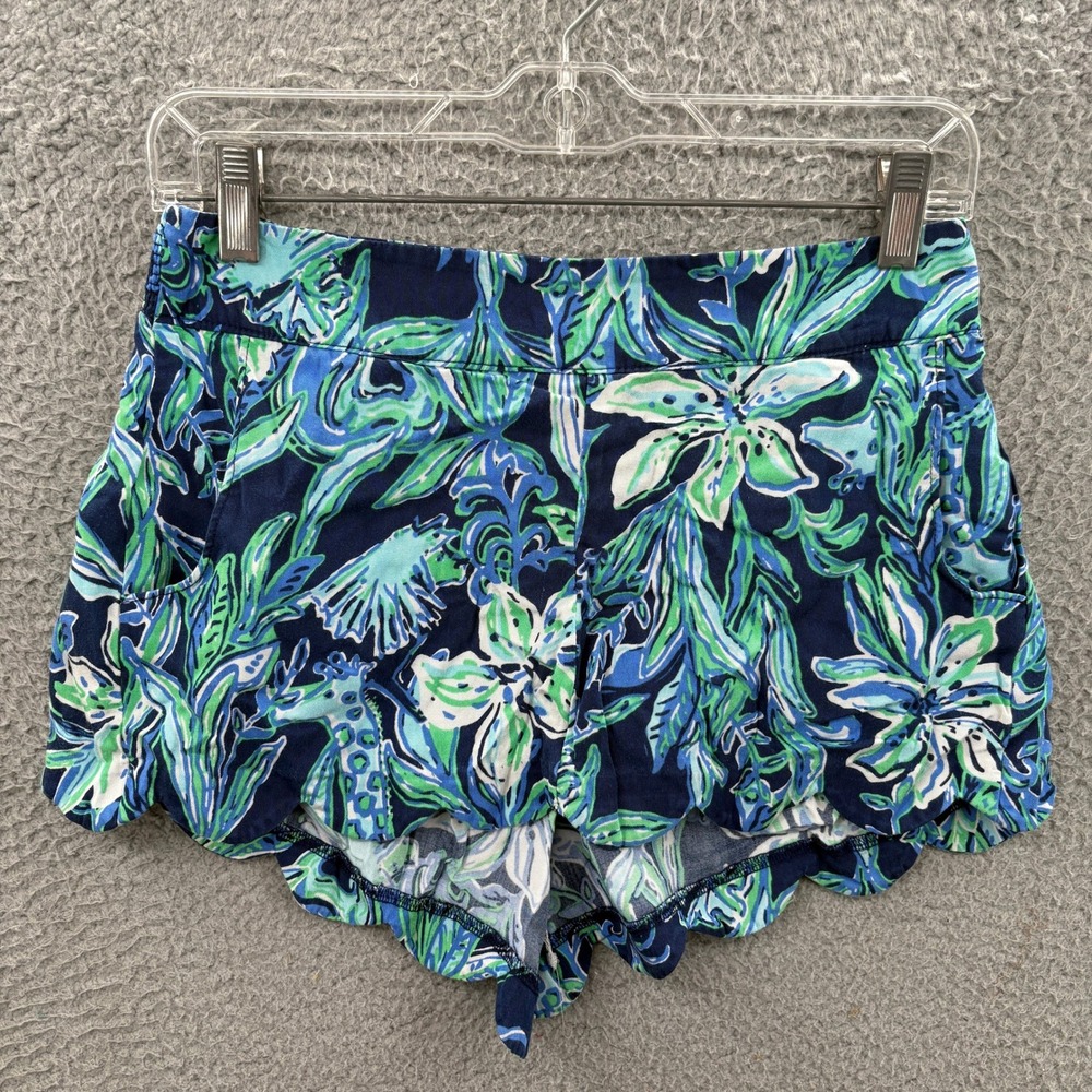 Lilly Pulitzer Shorts Women S‎ Blue Green Floral Scalloped Hem Modal Tencel